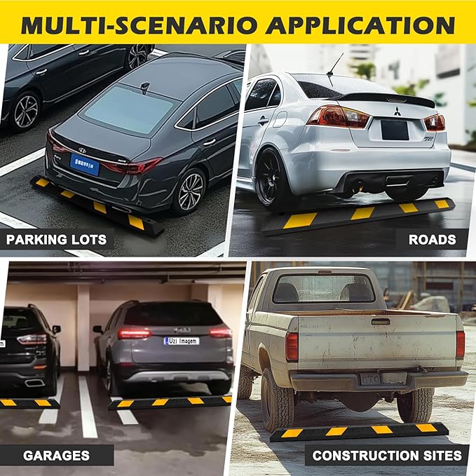 72" Rubber Parking Curb Stop, Heavy Duty Car Stopper, Parking Wheel Stops for Car, Garage Bumpers with Reflective Yellow Tape for Parking Car, Garage Parking (2 Pack)