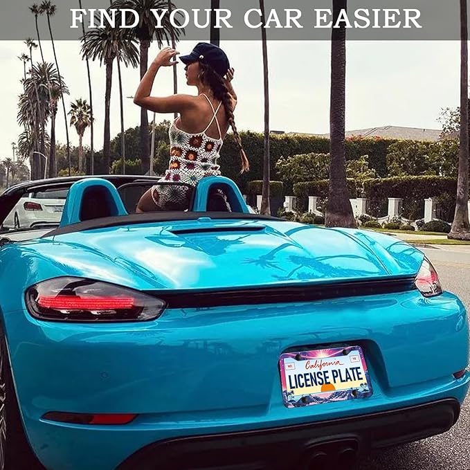 Sunset Mountain Anime License Plate Frames - 2 Pack Magic Colorful Stainless Steel License Plate Holder,Rust-Proof Waterproof Car Decorative Tag Frame with Screws Fasteners Caps