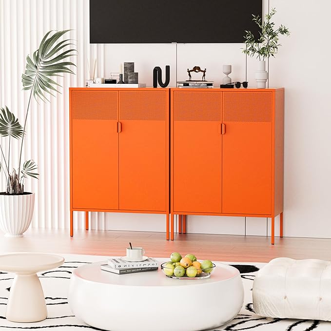 2 Mesh Door Metal Cabinet with Adjustable Shelves, Multipurpose Orange Storage Cabinet, 3-Tier,Metal Storage Cabinet for Office Home,Hallway(Orange, 47''H)