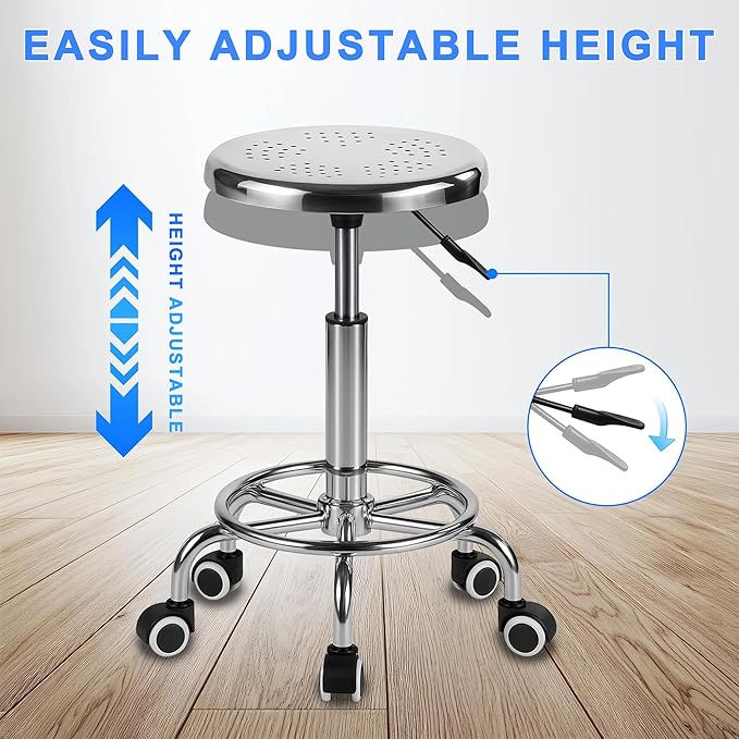 Rolling Stool, Stainless Steel Workbench, Adjustable Swivel Stool Medical 5 Wheels, 304 Stainless Steel Structure Laboratory Round Pad, Load Capacity 445 lbs (Silver)