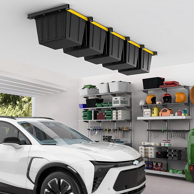 EVERHANGER Ceiling Storage Rack, Heavy Duty Overhead Garage Storage Rack, Adjustable Ceiling Bin Storage System, 5 Sets for 4 Bins, 26 Inch