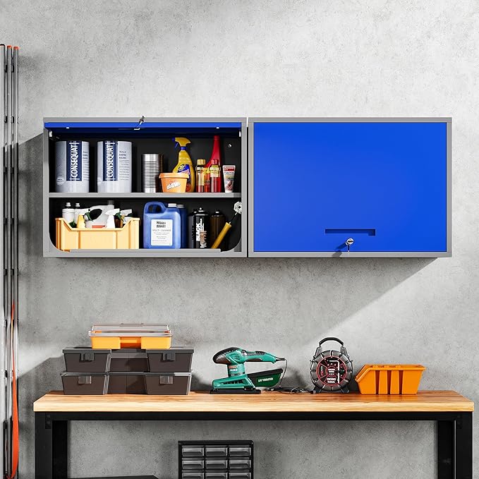 Yizosh Metal Storage Cabinet with Doors & Shelves - Wall Mounted, Floating - Blue Gray, 21.6" H - For Garage, Basement, Kitchen, Warehouse