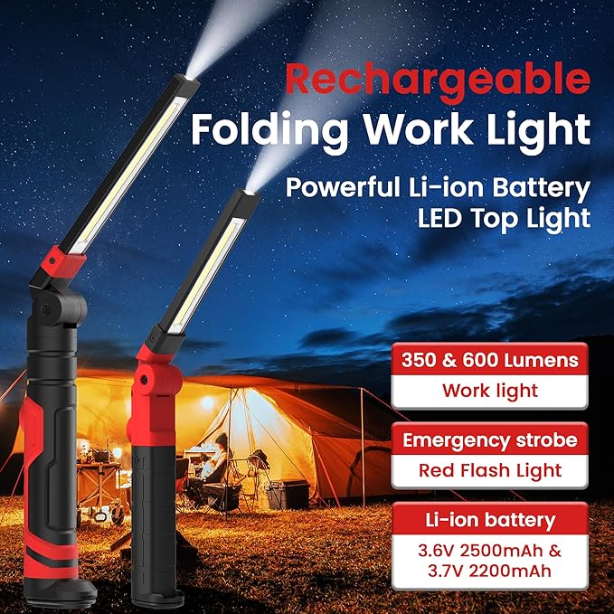 Rechargeable LED Work Light, Magnetic Flashlight Mechanic Light Tool Gifts for Men Him, Foldable Lamp with Hook for Car Repair Emergency BBQ Grill (2 Pack)