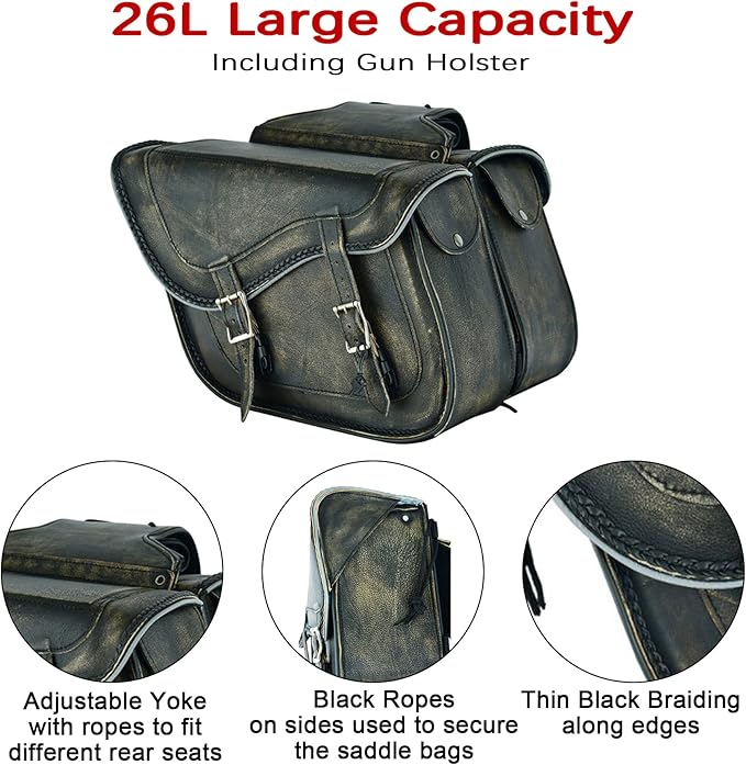 Dream Apparel Naked Cowhide Leather Motorcycle Saddle Bags Throw Over Saddlebags, Motorcycle Side Bags for Honda Shadow Sportster Softail Dyna V-star (Distressed Brown, No Studs)