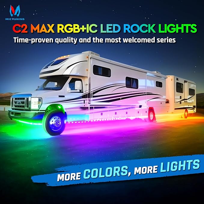MICTUNING C2 MAX RGB+IC LED Rock Light with White Housing - 8 Pods Chasing Color Underglow Lights Kit, Dynamic Lighting Modes, APP Control, IP68 Waterproof, DIY Effect, Up to 24pods Extensible