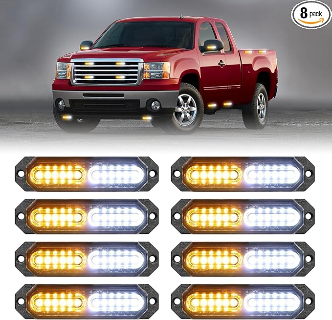 HLauto 1200T Emergency Strobe Grille Lights: 8pcs 12 LED Sync Feature Safety Warning Flashing Lights, Ultra Slim Surface Mount Hazard Caution Light for Trucks, Vehicles, Car, ATV, UTV (Amber White)