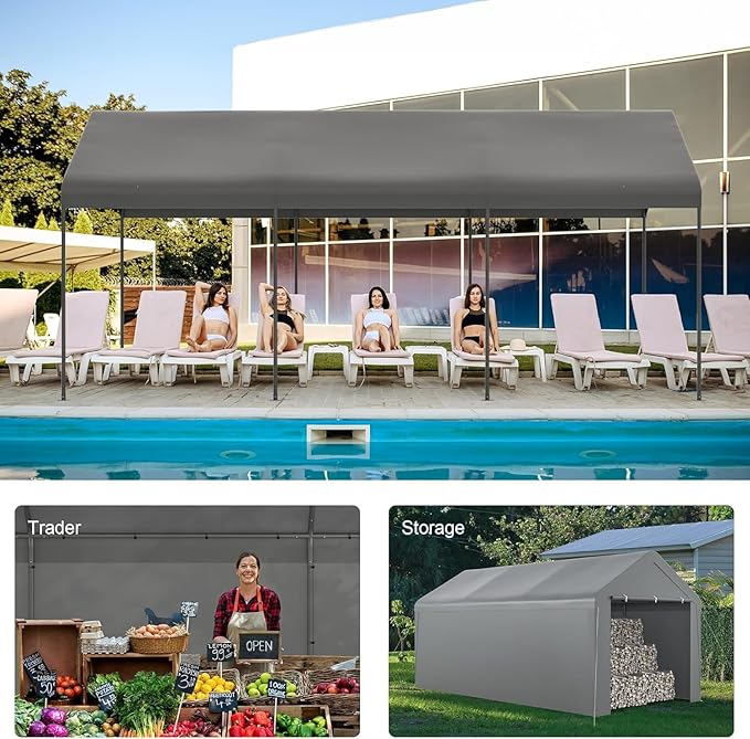Carport 10x20 Heavy Duty Portable Garage w/Removable Sidewalls & Roll-Up Door Car Canopy Party Tents Waterproof UV Resistant All Weather Car Port for Trucks,Boats(Grey)
