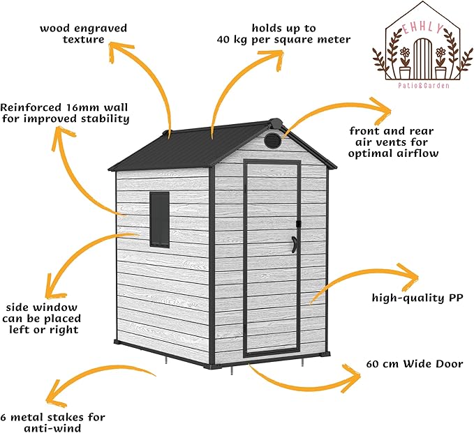 4.4x6 FT Resin Outdoor Storage Shed Large, 230 Cuft Garden Tool Sheds & Outdoor Storage Plastic Shed with Floor, 7FT Tall Backyard Outside Lawn Mower Storage Shed with Side Window, Cemented Grey