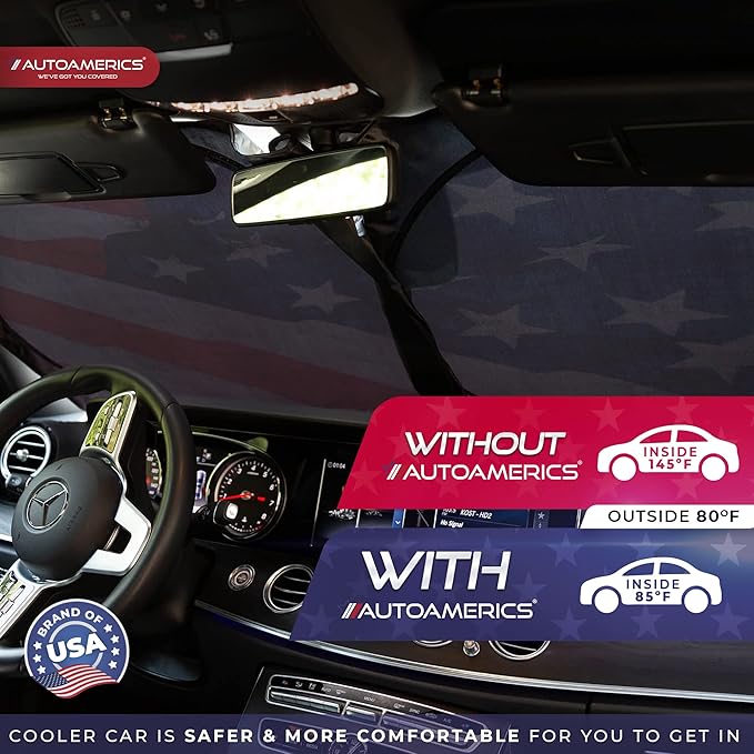 Autoamerics 1-Piece Windshield Sun Shade Grunge American Flag - 4 USA Design - Foldable Car Front Window Sunshade for Most Sedans SUV Truck - Blocks Max UV Rays and Keeps Your Vehicle Cool - Large