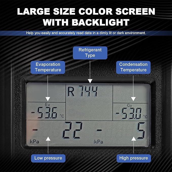 Digital Manifold Gauge, HVAC Refrigerants Digital AC Gauges Set with 2 Thermometer Clamps and 3 Hoses, for R22/R410A/R134A/1234YF Refrigerant Recharge Kit