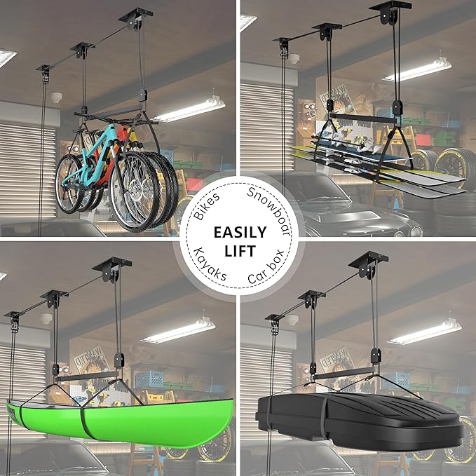 2025 Upgrade Cargo Box Garage Pulley System, Garage Ceiling Hoist Heavy-Duty Holds up to 150 lbs Capacity, Fit 10-14 Foot Ceilings, Black