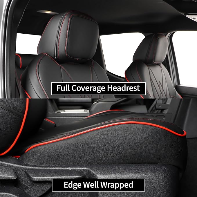 EKR Tacoma Car Seat Covers Custom for Select Toyota Tacoma (Only for Hybrid) 2024 2025 Double cab TRD Sport,TRD Off-Road,Limited,Trailhunter - Full Set,Leather(Black with Red Trim)