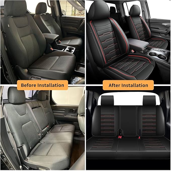 Seat Covers Fit for Honda Ridgeline 2006-2024 2025: Crew Cab 5 Seats Car Seat Covers Faux Leather Truck Pickup Seat Cushion Protector - Front Seats Without Armrests(Full Set, Redline)
