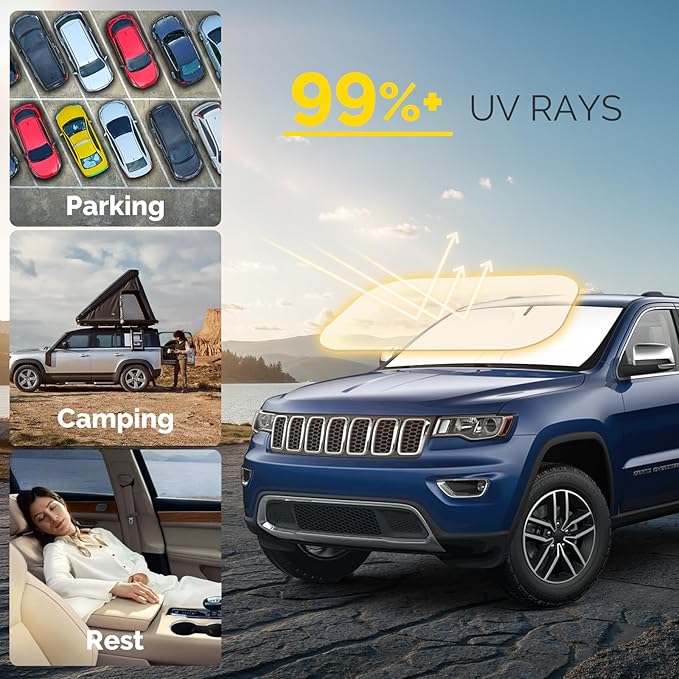 Car Windshield Sun Shade Compatible with 2014-2024 2025 Jeep Grand Cherokee Accessories Foldable Front Window Sunshade Custom Windshield Sun Visor