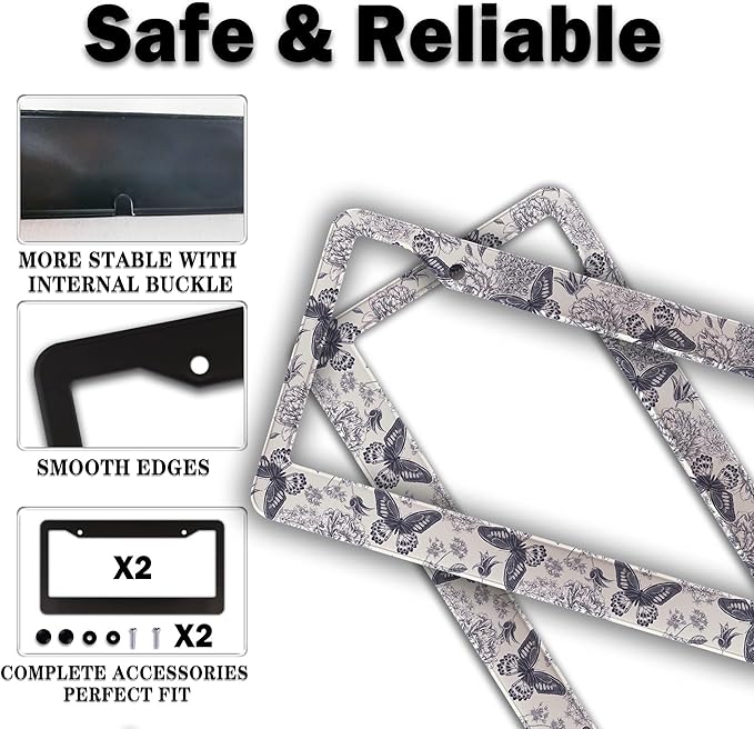 Automotive Exterior Accessories Black and White License Plate Frames Butterfly Flowers Universal Aluminum Car Accessory 2 Pack with Screw Covers Set