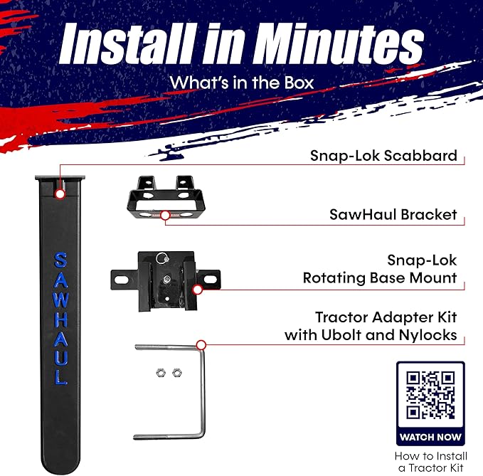 SawHaul Snap-Lok Universal Chainsaw Carrier Kit for Tractors and Skid Steers – 36 Inch Blue Scabbard with Rotating Mount – Compatible with All Chainsaw Brands – Made in USA