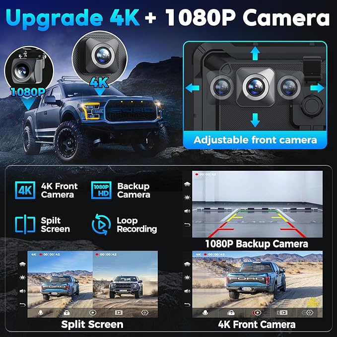 Portable Apple Carplay Screen for Car, 8" Wireless Android Auto Screen with 4K Dash Cam & 1080P Backup Camera, Secure Strong Bracket, Navigation, Bluetooth, Mirror Link, Fits All Vehicles