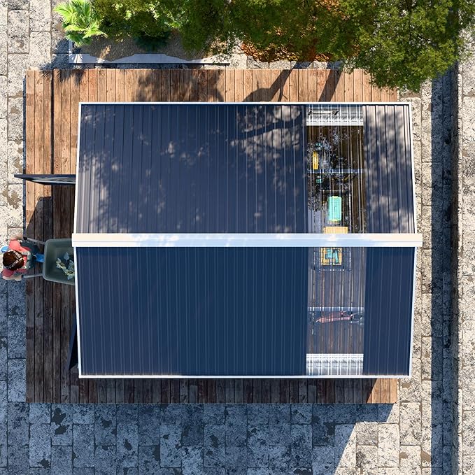 10x12 FT Metal Outdoor Shed with Floor Frame Kit Extra Large Waterproof Tools Storage House with Transparent Top Panel Windows Air Vent for Garden Backyard to Store Bikes,Lawnmower,Dark Grey