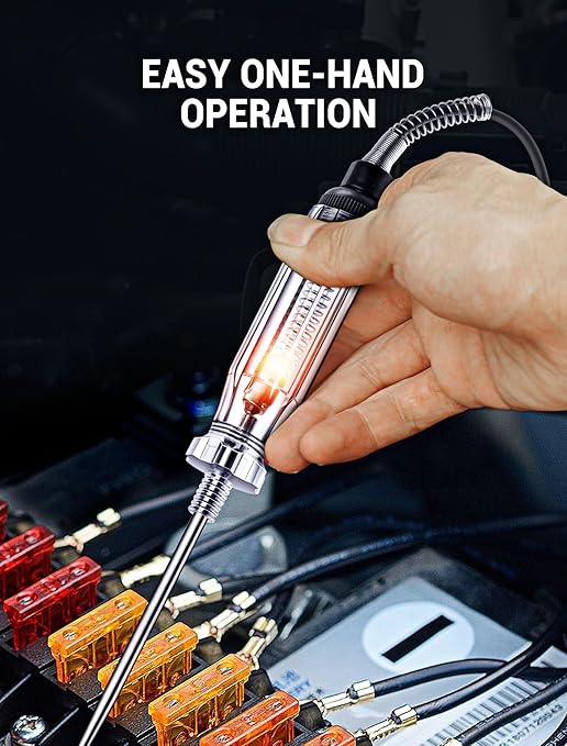 Heavy Duty Automotive Circuit Tester, Premium 6-24V Test Light with 135 Inches Extended Spring Wire & Stainless Probe, Circuit Voltage Tester with Replacement Indicator Light for Car/Vehicles