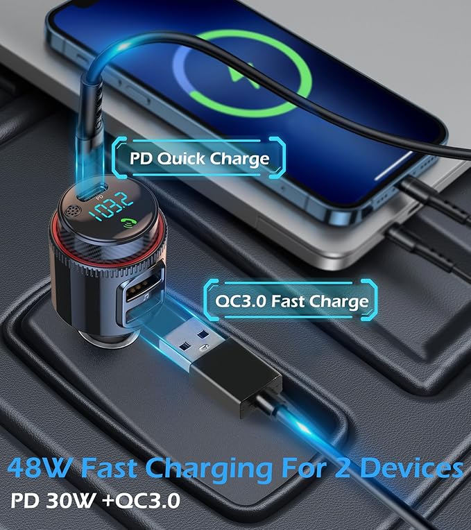 Bluetooth Car Adapter, Wireless AUX FM Transmitter, USB C&QC3.0 Dual Fast Charging, Cigarette Lighter Radio Music, Supports Hands-Free Siri Google Assistant & USB Drive, HiFi Bass Sound