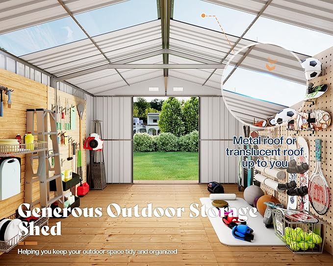 AMERLIFE 10.1x11.5x7.4 FT Galvanized Steel Storage Shed with Dual Transparent Panels, 2 4-Pane Windows & Hinged Double Doors, Outdoor Shed for Backyard, Patio, Garden, Dark Grey