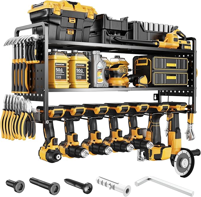 LBT Large Power Tool Organizer Wall Mount with Pegboard, Heightening Garage Power Tool Storage with 7 Cordless Drill Holder, Heavy Duty Metal Tool Shelf Battery Storage, Gifts For Men Father Husband