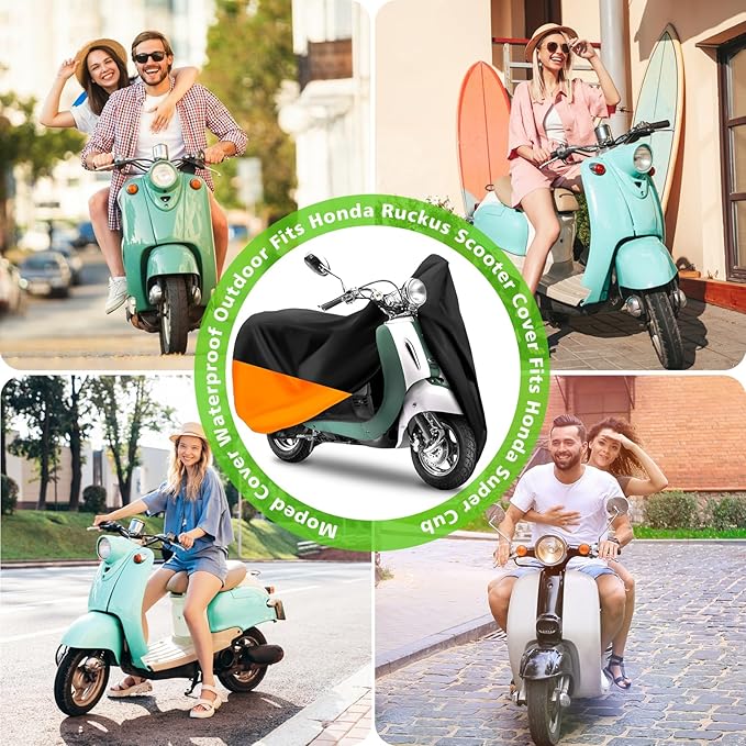 COVERVIN Scooter Outdoor Waterproof Cover, Moped Cover Vespa Cover for Honda Ruckus Yamaha 72″ Long (S, Black Orange)