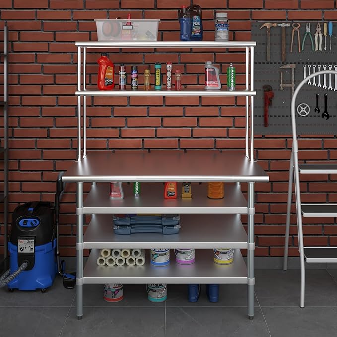 Amgood 30" x 48" Stainless Steel Work Table with 3 Shelves and 12" Wide Double Tier Overshelf | Metal Kitchen Prep Table & Shelving Combo | NSF
