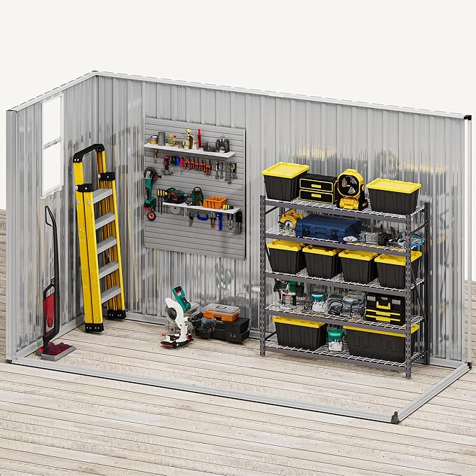 DWVO 9' x 4' Outdoor Storage Shed with Windows, Lockable Double Doors, Sloped Roof, Heavy-Duty Steel Shed for Garden & Patio, Large Backyard Tool Organizer, Dark Gray