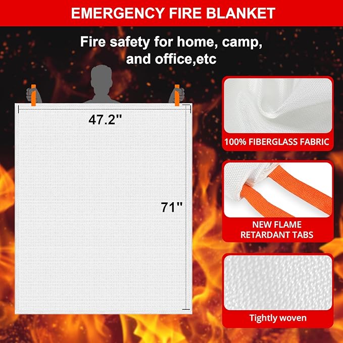 SecuCaptain Emergency Fire Blanket for Home - 2 Pack 47.2"x71" X-Large Flame Retardant Blankets with Fireproof Tabs for House Camping Kitchen Fire Protection Survival Safety