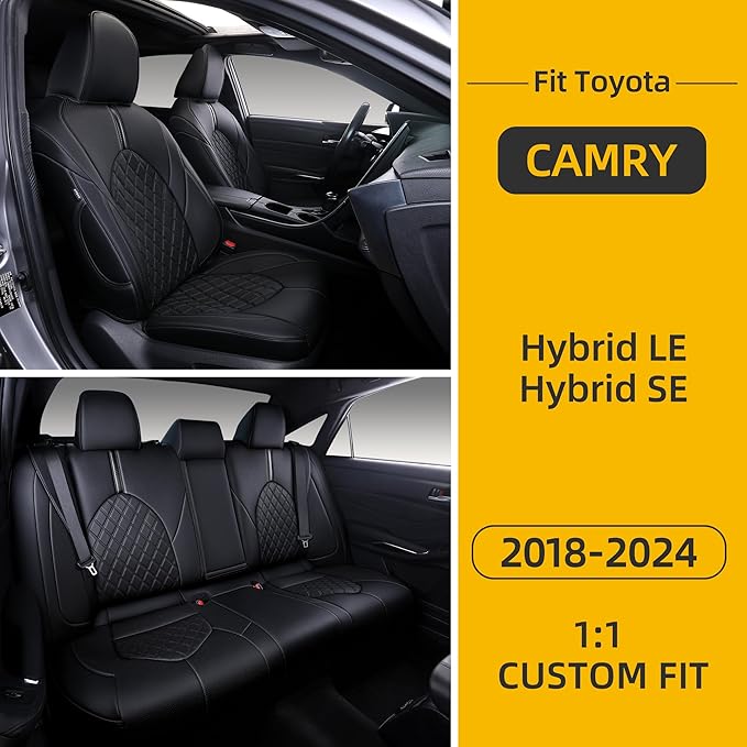 Custom Fit Camry Seat Covers for 2018-2024 Toyota Camry Hybrid LE,SE Full Coverage Waterproof Breathable Leather Car Seat Covers Full Set (Black)