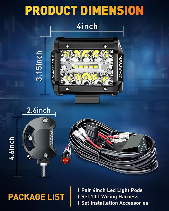 NAOEVO 4 Inch LED Pod Lights, Spot Flood LED Fog/Driving/Off Road Lights with 2 Leads Wiring Harness, Cube Pods for Truck Boat ATV UTV, 2 Pcs (White)