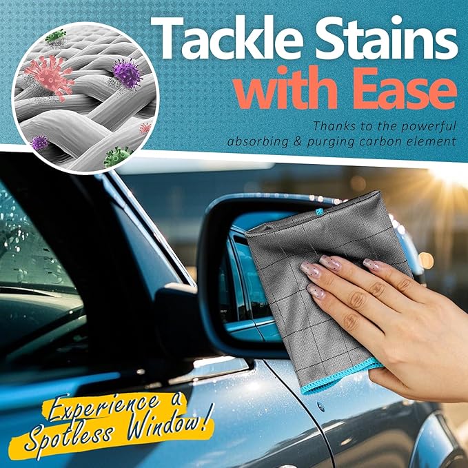 Airlab Carbon Microfiber Towels for Car Glass Window Polishing Cleaning Cloth Auto Detailing Lint Free Streak Free Drying Car Wash Towel, Pack of 3, 12" x 12", Grey-Blue