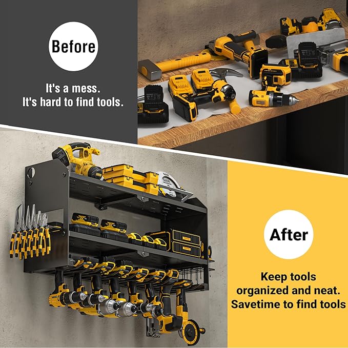 YYR Power Tool Organizer Wall Mount, Cordless Drill and Battery Holder, Electric Tools Hanger Storage Rack, Garage Organization Floating Shelf - Metal, Black