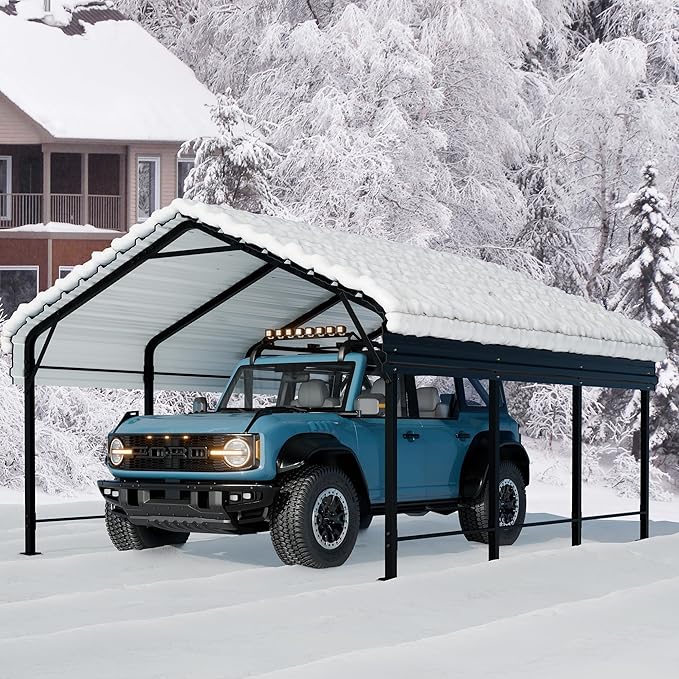 Walsunny Metal Carport 12x15 FT Heavy Duty Carport Canopy with Enhanced Base, Outdoor Car Shelter with Galvanized Steel Roof and Frame Garage for Truck, SUV, Boat, Gray