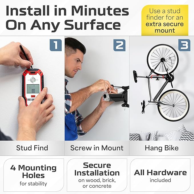 UrbanMount Wall Mount Bike Rack Garage - Mountain Bike Wall Mount Horizontal Vertical Design with 66lbs Cap, Screws, Installation Manual - Secure Road Cycling Holder Storage, Bicycle Hanger for Home