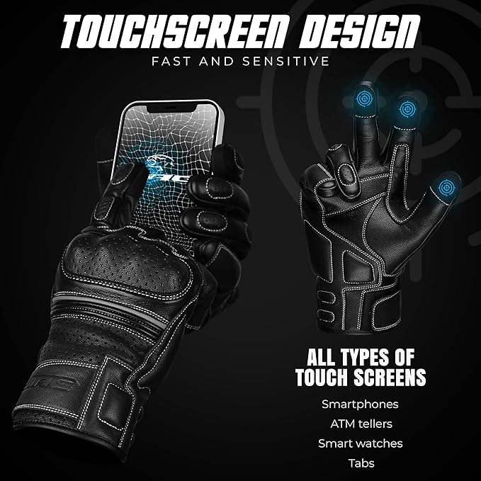 J.A.G. Motorcycle Gloves - Premium Leather Perforated Motorcycle Gloves for Men with Knuckle Protection | Touchscreen Motorbike Riding Gloves
