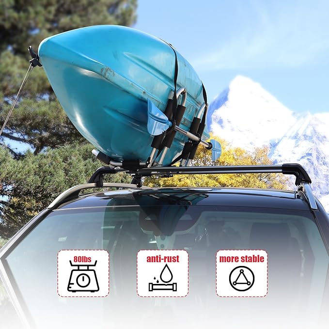 FORWODE Kayak Roof Rack, 2 in 1 Aluminum 1 Pair J-Bar Roof Rack, Folding Adjustable Rack, Weight 80 LBS Heavy Duty Kayak Roof Carrier 1 Kayak, Canoe, SUV, Surfboard on SUV, Car and Truck Crossbar