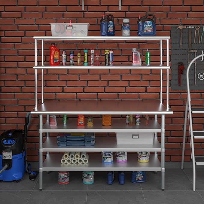 Amgood 24" x 60" Stainless Steel Work Table with 3 Shelves and 18" Wide Double Tier Overshelf | Metal Kitchen Prep Table & Shelving Combo | NSF