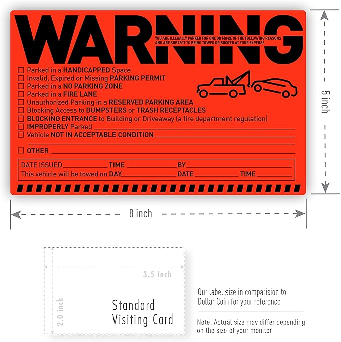 Easykart Labels 250 Parking Violation Notice Tow Stickers for Car Vehicle - Private Parking Warning Adhesive Car Window Fluorescent Labels (5 Pack)