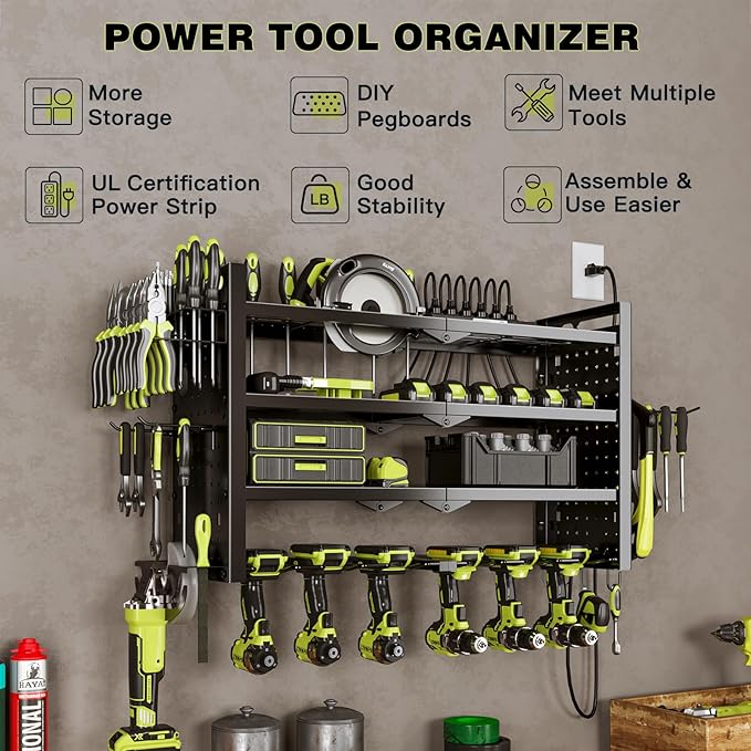 Power Tool Organizer Wall Mount with Charging Station 4 Layer 6 Slot Cordless Drill Holder with Angle Grinder Holder (Black)