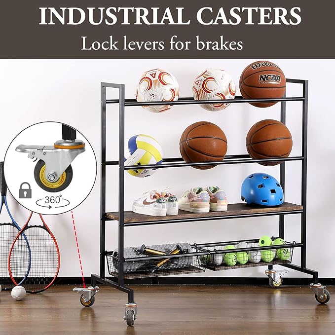 MyGift Sports Ball Organizer for Garage with Wheels, 4 Tier Large Heavy Duty Basketball Holder Stand, Black Metal Sports Equipment Storage Rack with Burnt Solid Wood Shelf, and 2 Basket Training Equip