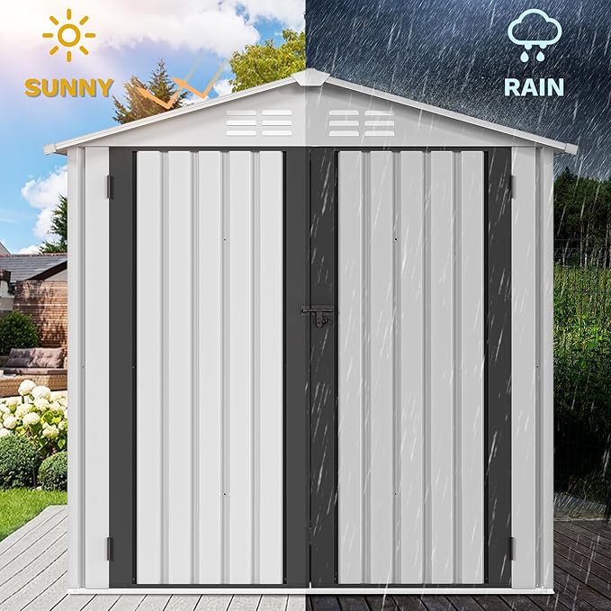 DWVO 6x4ft Storage Shed for Outdoors, Metal Sturdy Weatherproof Tool Locker with Secure Door and Ventilation for Equipment, Mowers, Bikes, Outdoor Spaces, White