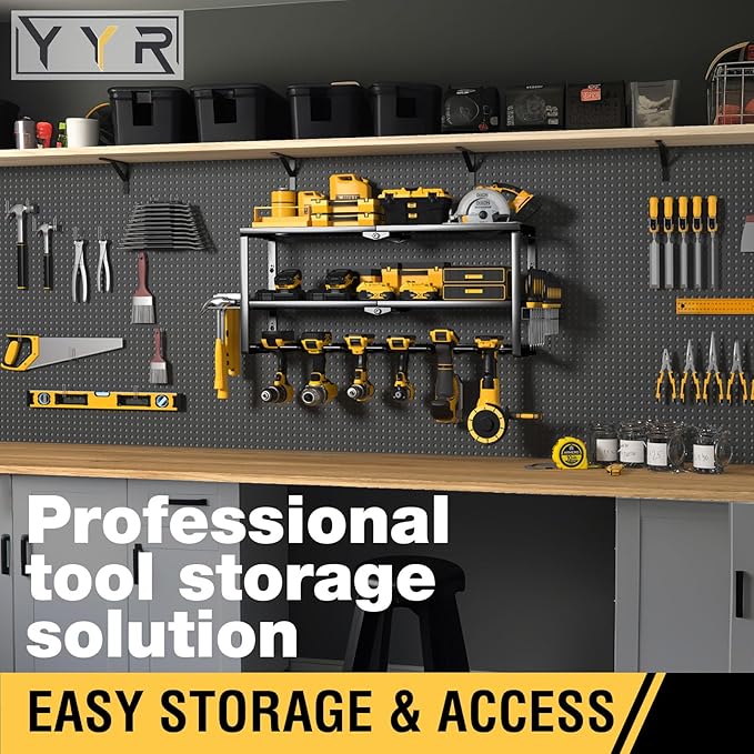 YYR Heavy Duty Power Tool Organizer Wall Mount, Cordless Drill Hanger Storage Rack, Battery Tools Holder with Charging Station Shelf for Garage Organization, Workshop, Pegboard, Shed - 24 Inch 6 Slots