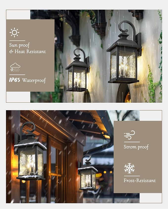 FEMILA 26" Outdoor Wall Light, Large Exterior Wall Lantern with Water Ripple Glass, 3-Light Outdoor Wall Light Fixtures for Entryway, Patio, Garage, and Doorway, E12 Base, 4FD54B-L BK