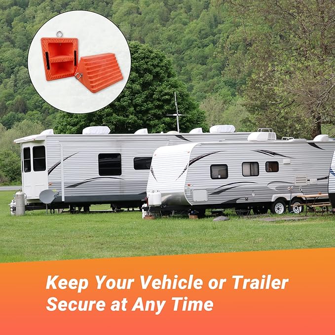 2 Packs Wheel Chocks Heavy Duty Orange with Eyebolt, Vehicle Chock for Travel Trailers, Camper, Truck, Car and ATV, 9.1" Length x 7.1" Width x 5.5" Height