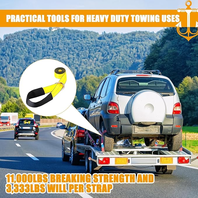 8 Pack 2'' x 12ft Tow Truck Straps Lasso Wheel Lift Straps Lasso Tow Strap with D Ring 11, 000 Lbs Break Strength Auto Tie Down Auto Hauler for Trailer Truck Tie