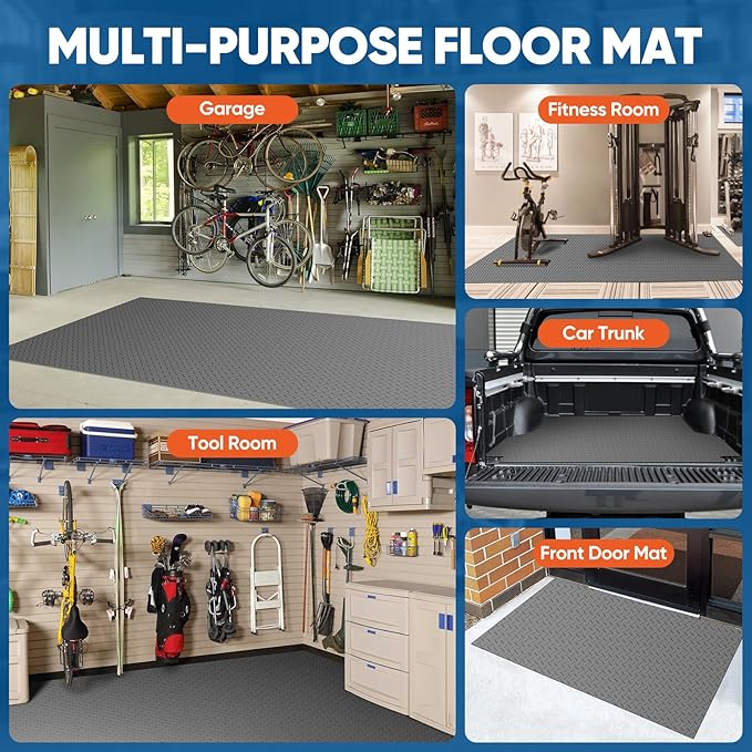 7.5 x 17 FT Garage Floor Mat, Thickened Diamond Plate PVC Garage Parking Mat, Heavy Duty Flooring Roll Mats Waterproof Non-Slip Floor Protector, for Car, Trailer, SUV, Basement, Gym, Shed - Gray