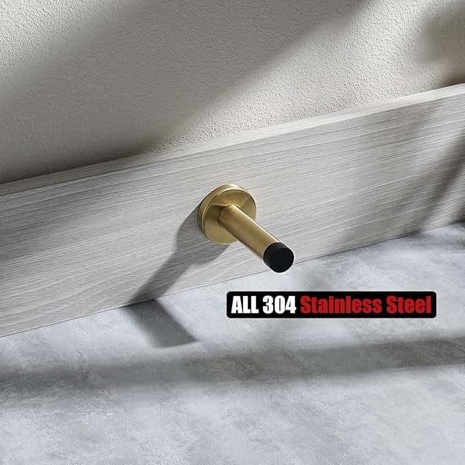 JQK Door Stopper Gold, 304 Stainless Steel Thicken 1mm Sound Dampening Door Stop Bumper Wall Protetor 2 Pack, Brushed Gold, DSB5-BG-P2