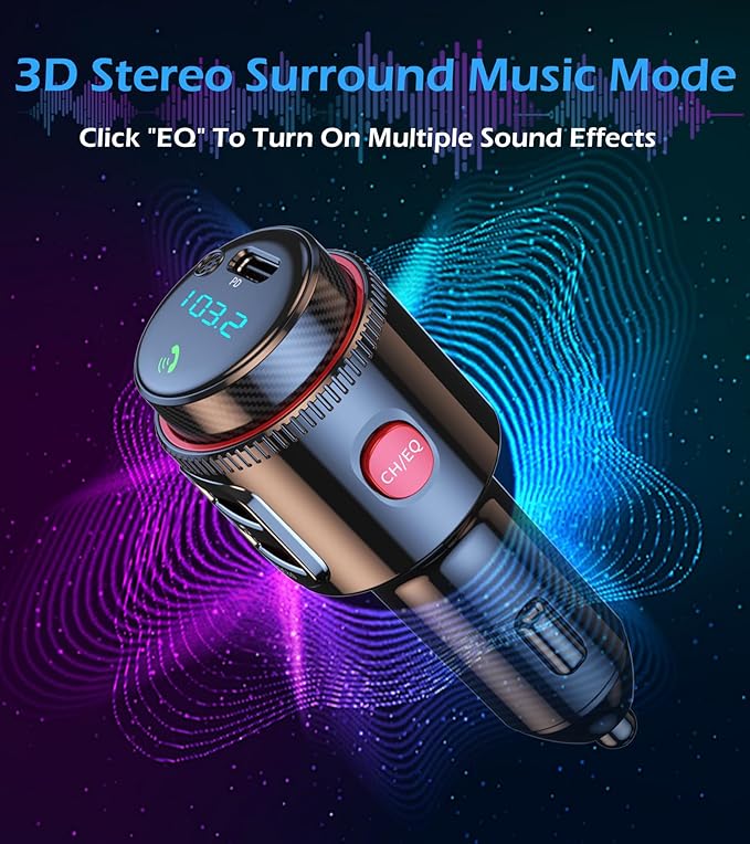 Bluetooth Car Adapter, Wireless AUX FM Transmitter, USB C&QC3.0 Dual Fast Charging, Cigarette Lighter Radio Music, Supports Hands-Free Siri Google Assistant & USB Drive, HiFi Bass Sound